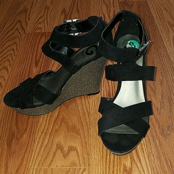 G by Guess black and silver glitter wedges Sz 8 - Picture 2 of 7